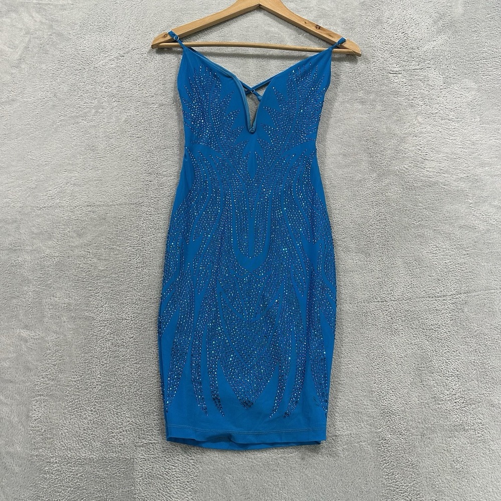NWT Symphony Dress Women's Small Mini Blue Glitter Shiny Tight Party